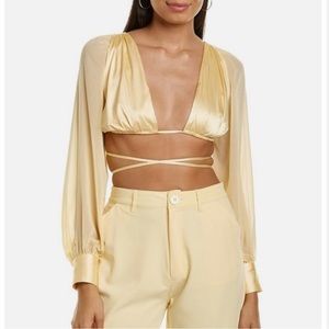Danielle Bernstein by WeWoreWhat Puff Sleeve Tie Back Top Women's XS Buttermilk